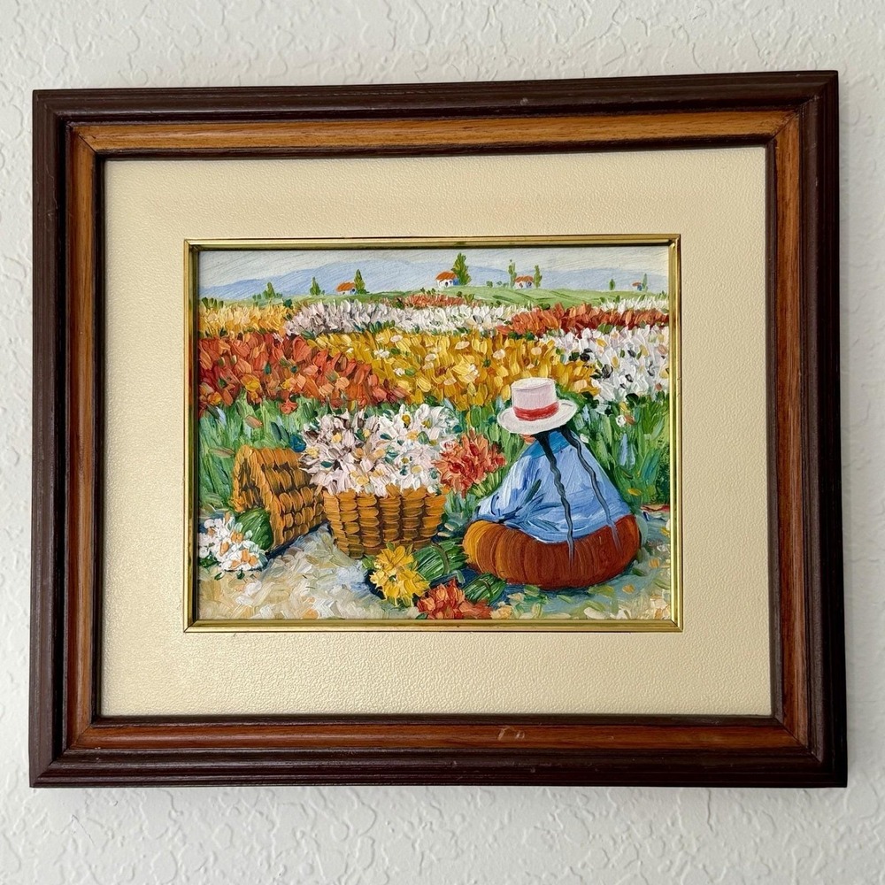 Vtg Original Oil Painting Floral Textured Impasto Art Landscape Flower Farmer